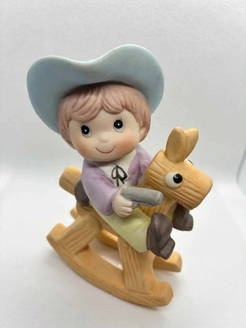 Vintage Ceramic Boy Cowboy on Rocking Horse Figurine Hand Painted Blue Hat